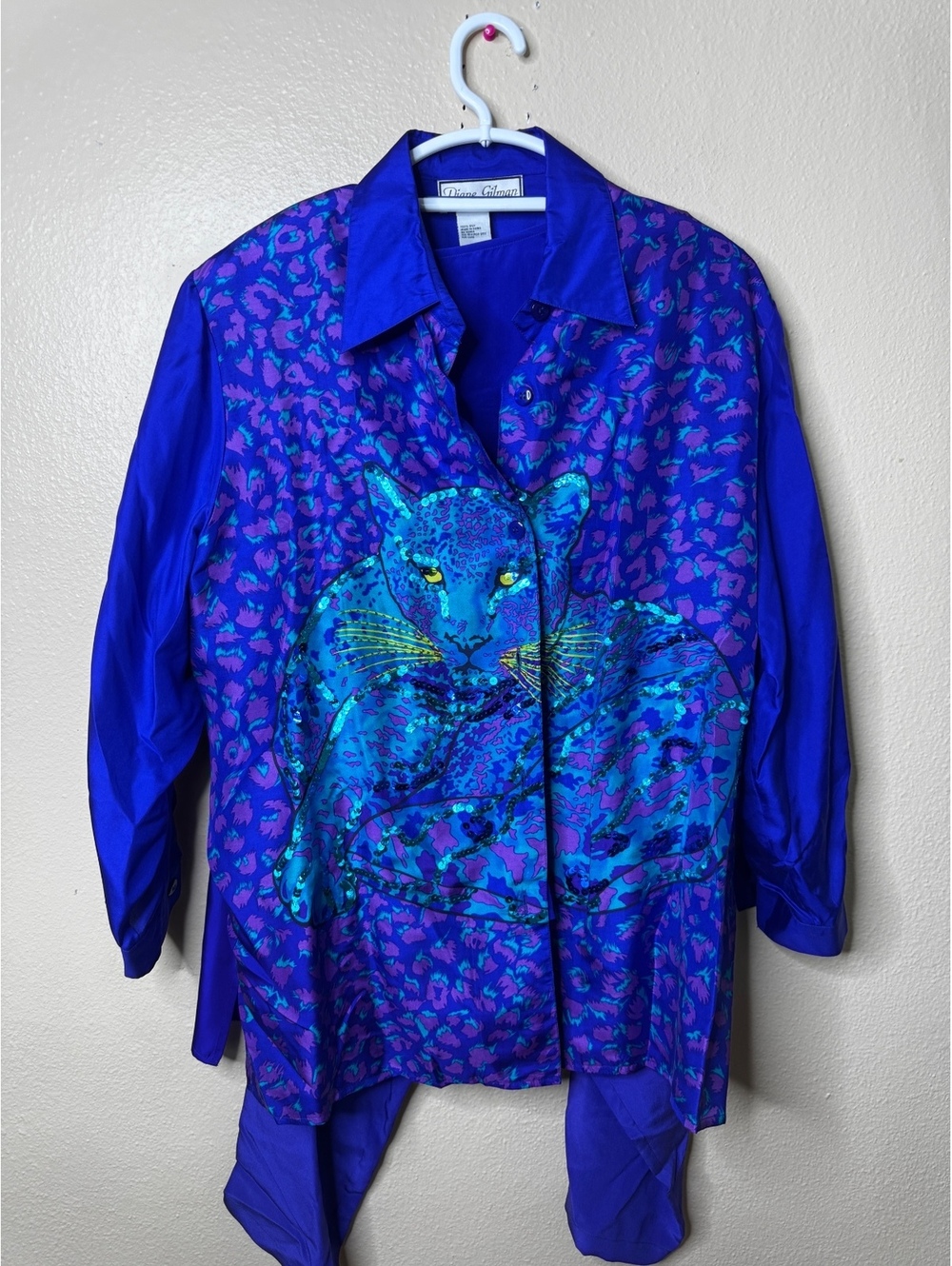 Vintage Diane Gilman L Blue Silk Sequin Cat Blouse Pants 2-Piece Set